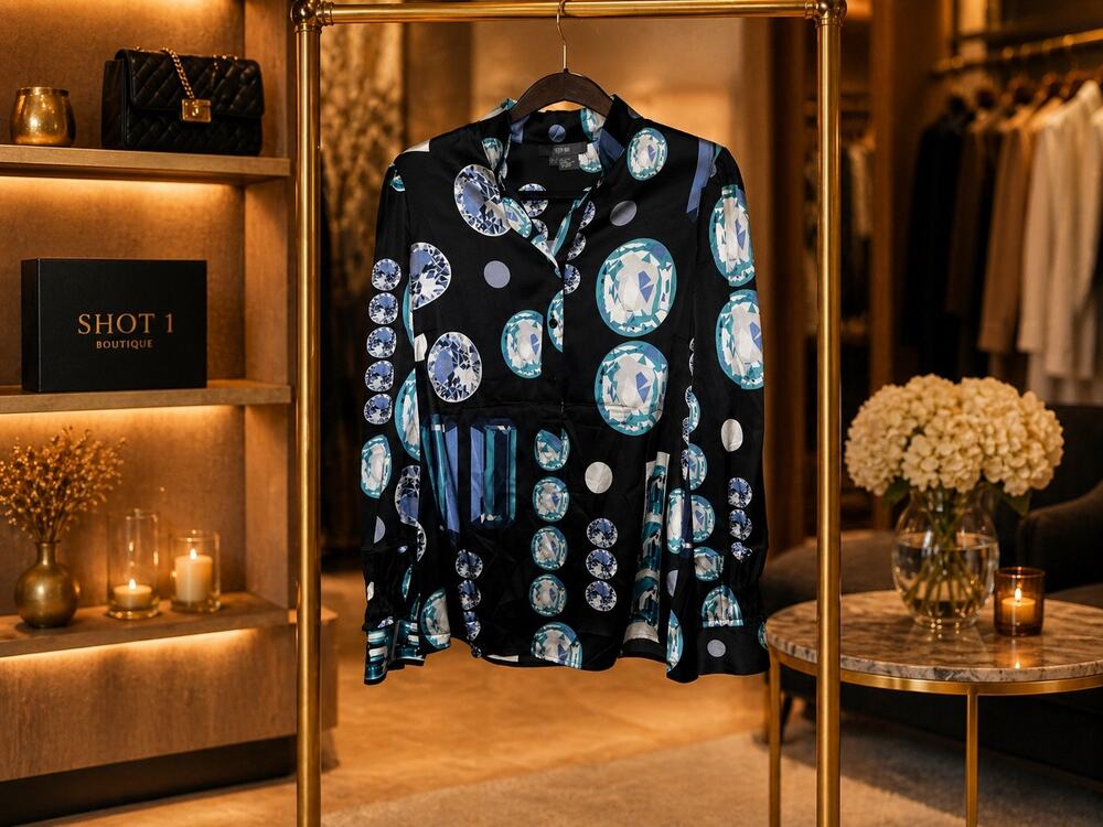 Per Se Silk Blouse Black Blue Geometric Print Button Front Size 4 Quiet Luxury